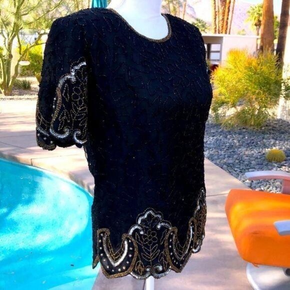 Laurence Kazar Silk Blouse Size PP Vintage Black Gold Beaded Lined Shoulder Pads - Picture 7 of 12